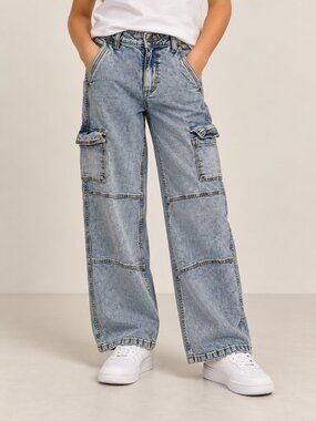 Art Class Kids Light Wash Wide Leg Cargo Jeans Adjustable Waist Size 12